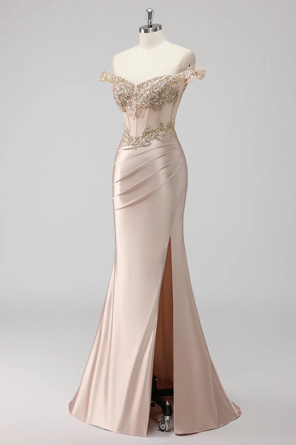 Robe de soirée champagne scintillante bustier épaules dénudées appliquée avec fente - Image 3