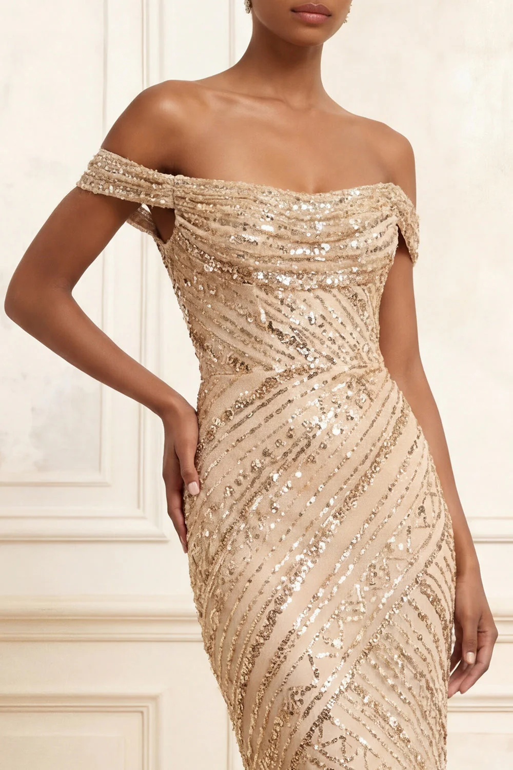 Champagne scintillant découvert, sirène à paillettes, longue robe de bal - Image 3