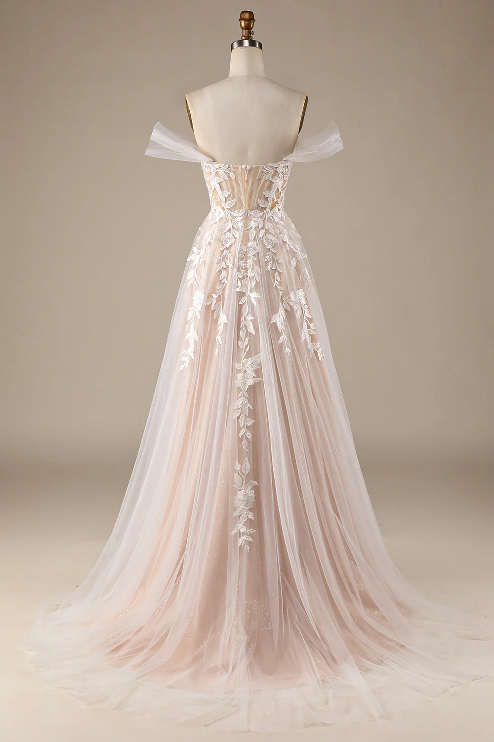 Champagne Tulle Detachable Robe de mariée à l’épaule avec dentelle - Image 2