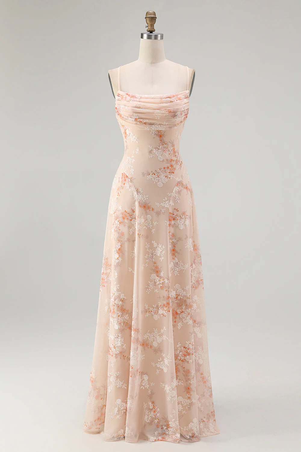Robe de demoiselle d’honneur longue champagne ligne droite col bénitier en velours burnout floral