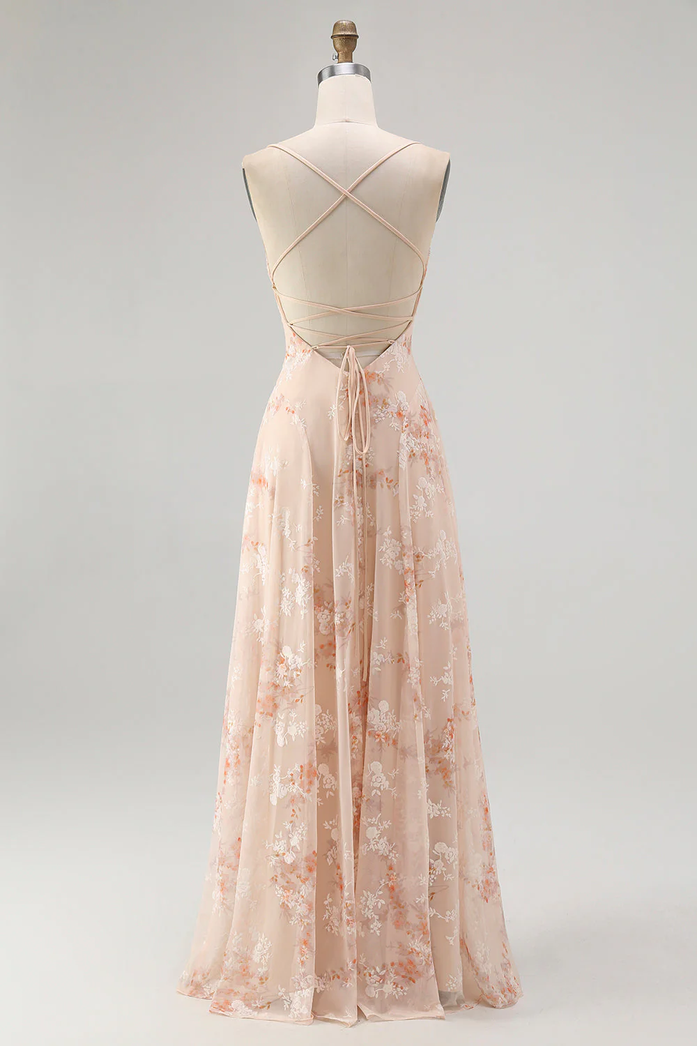 Robe de demoiselle d’honneur longue champagne ligne droite col bénitier en velours burnout floral - Image 2