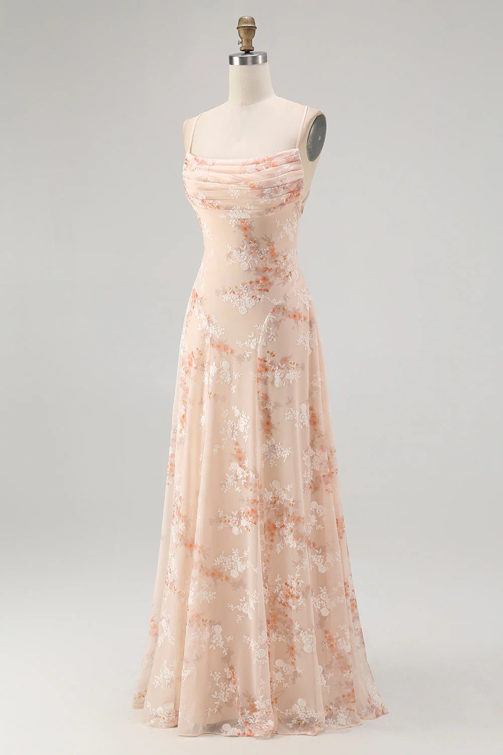 Robe de demoiselle d’honneur longue champagne ligne droite col bénitier en velours burnout floral - Image 3