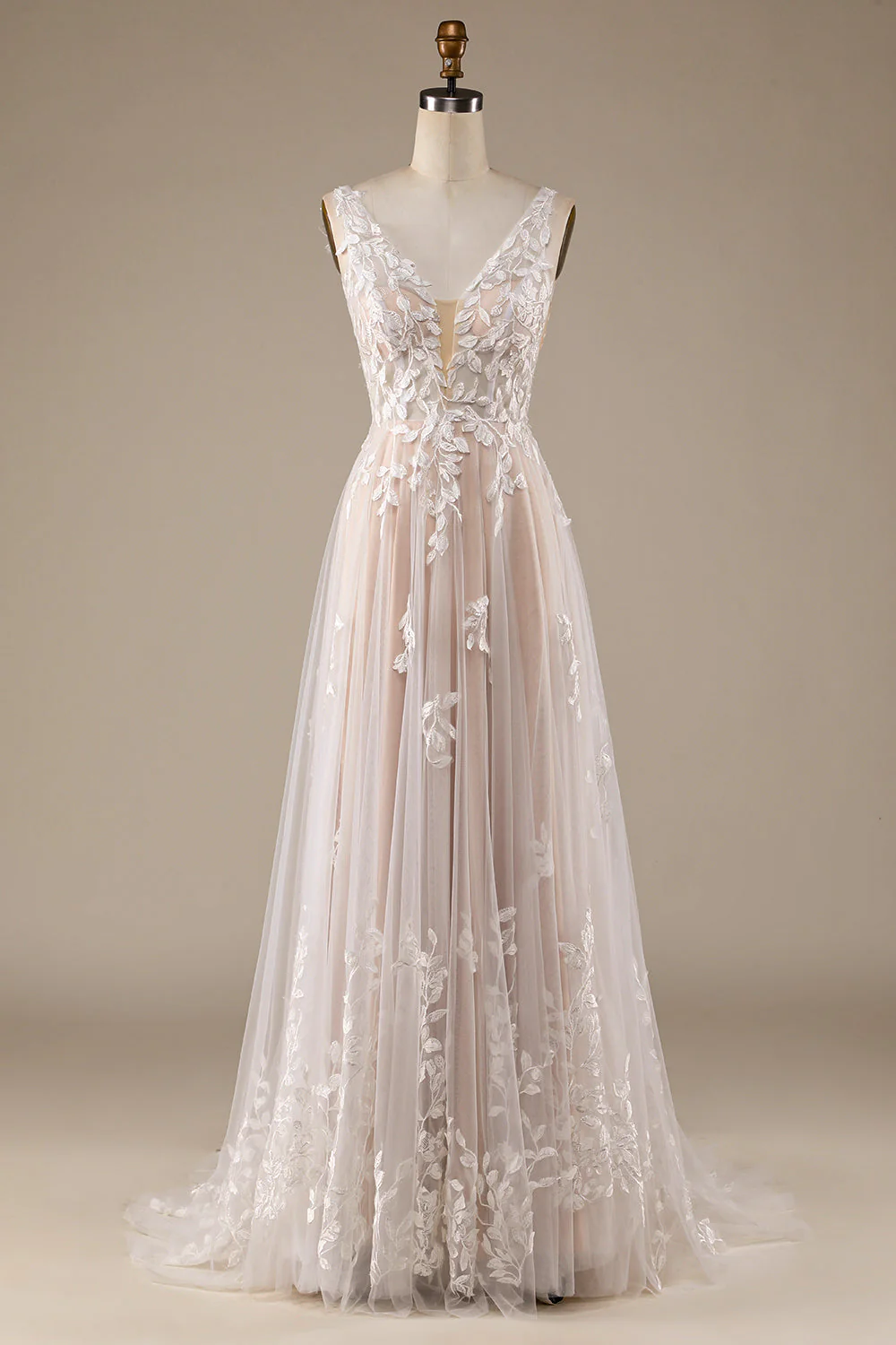 Champagne Col V Dos Nu Tulle Robe de mariée avec dentelle