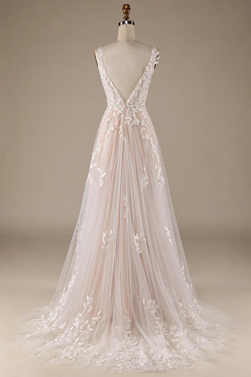 Champagne Col V Dos Nu Tulle Robe de mariée avec dentelle - Image 2