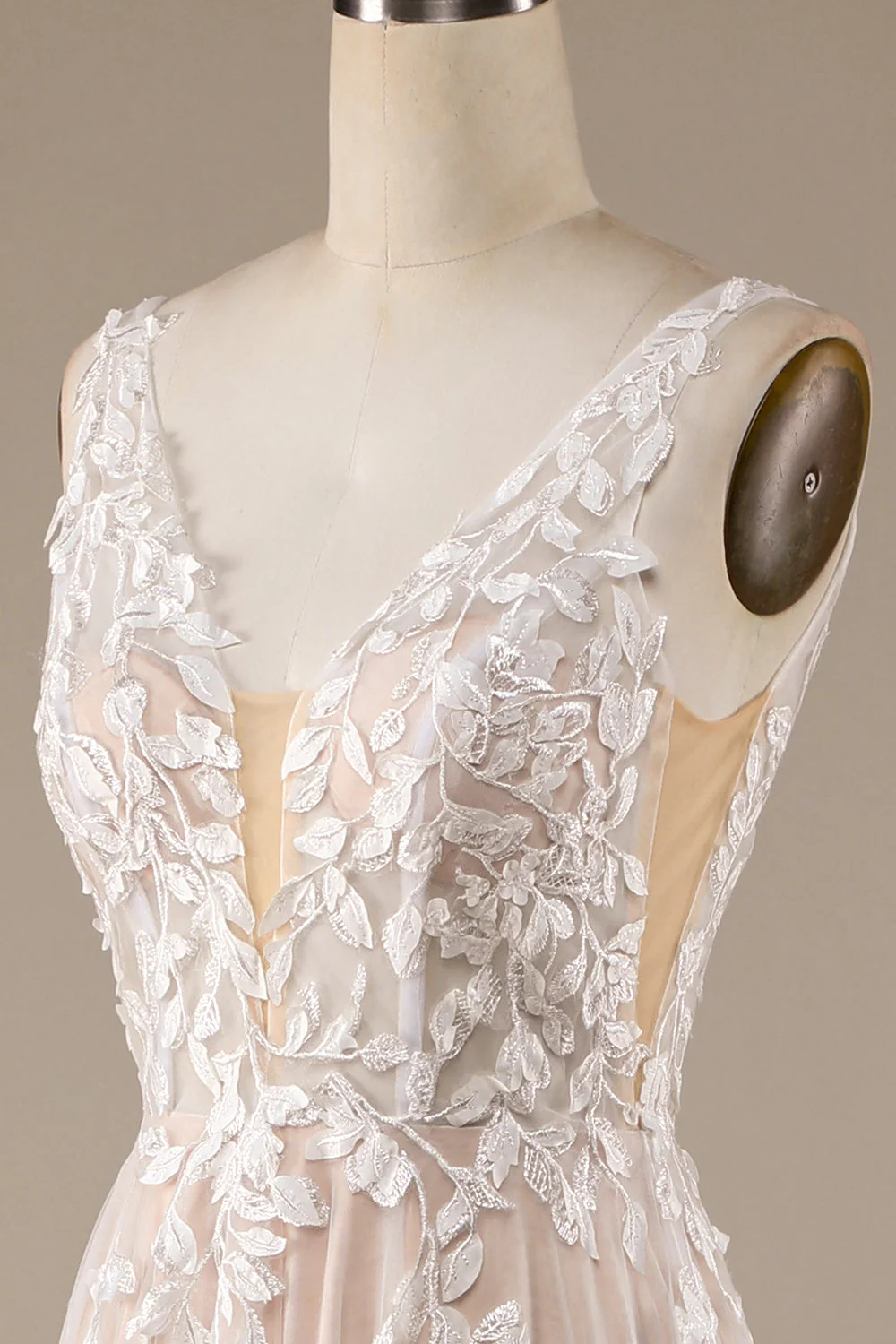 Champagne Col V Dos Nu Tulle Robe de mariée avec dentelle - Image 6