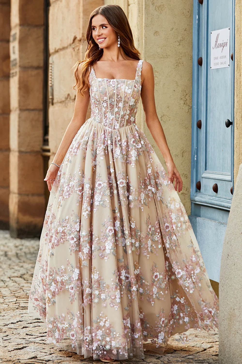 Charmante robe de soirée Corset Champagne à col carré charmante avec appliques - Image 3