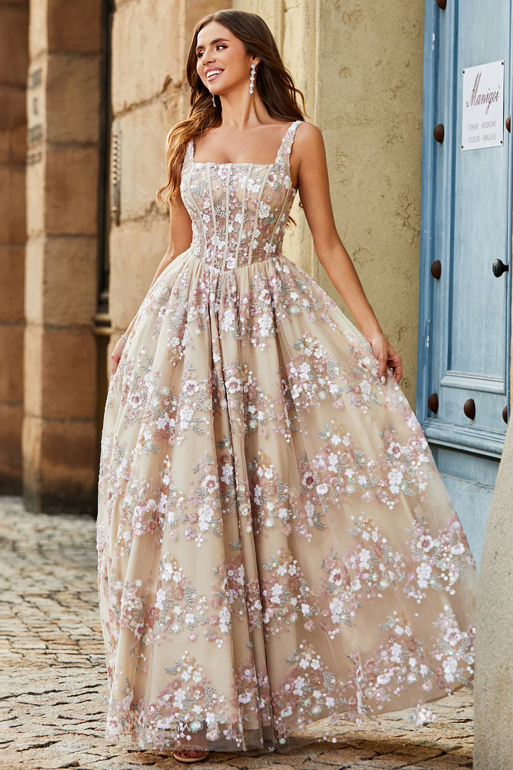 Charmante robe de soirée Corset Champagne à col carré charmante avec appliques - Image 4