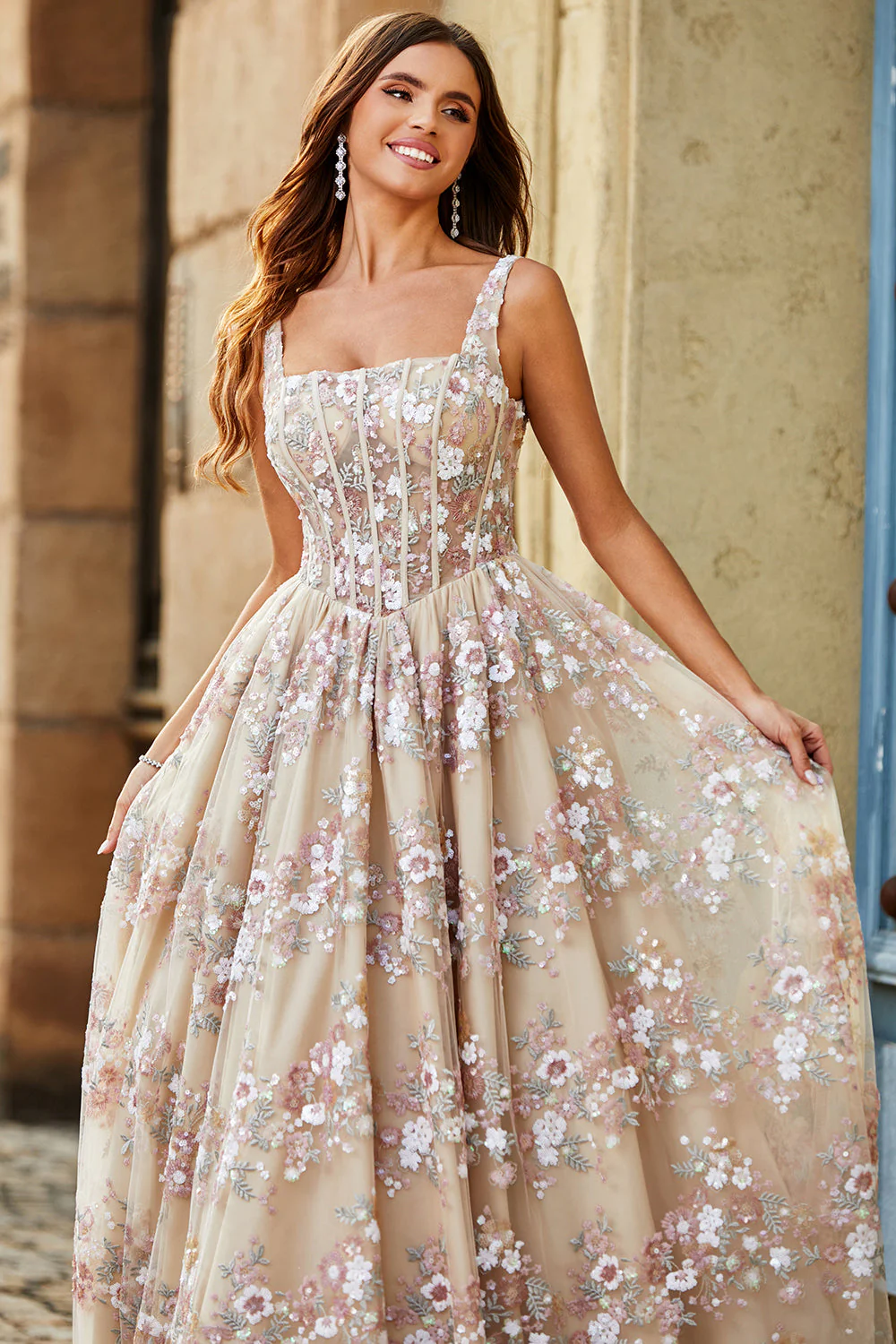 Charmante robe de soirée Corset Champagne à col carré charmante avec appliques - Image 5
