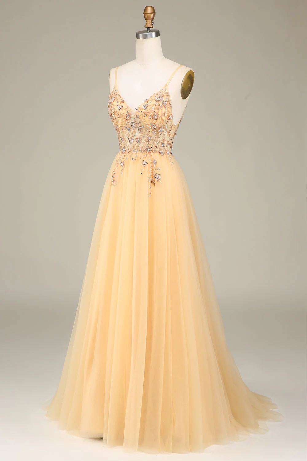 Charmante une ligne Spaghetti Bretelles Robe de Soirée longue dorée avec perles - Image 3