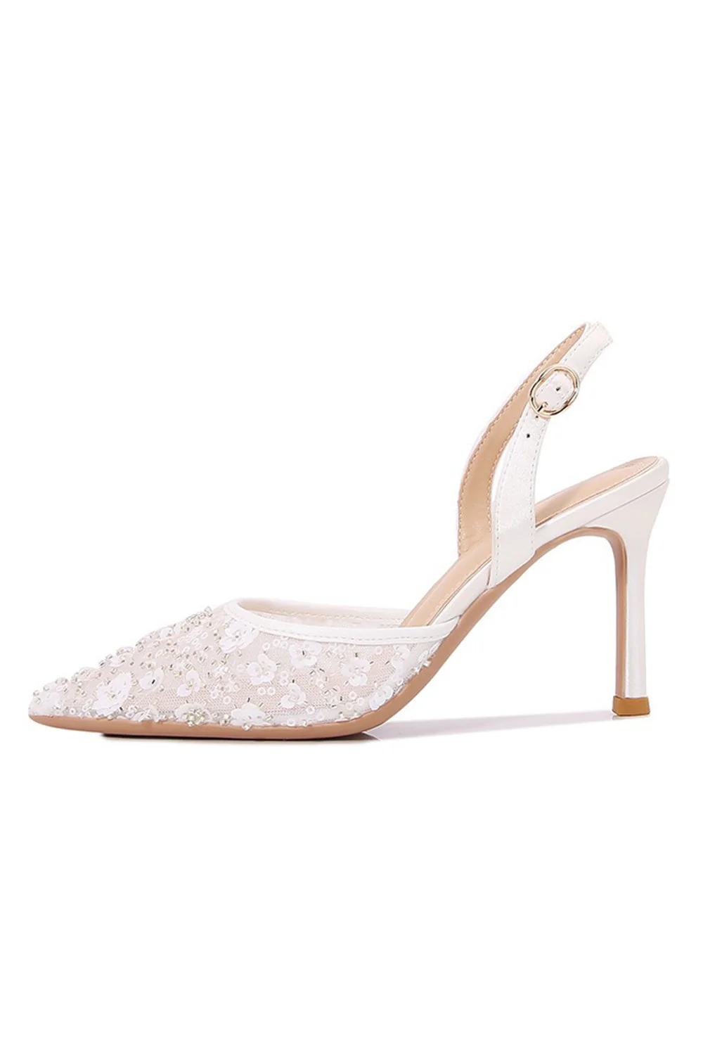 Chaussures de mariage élégantes blanches pointues à talons aiguilles avec des appliqués floraux - Image 7