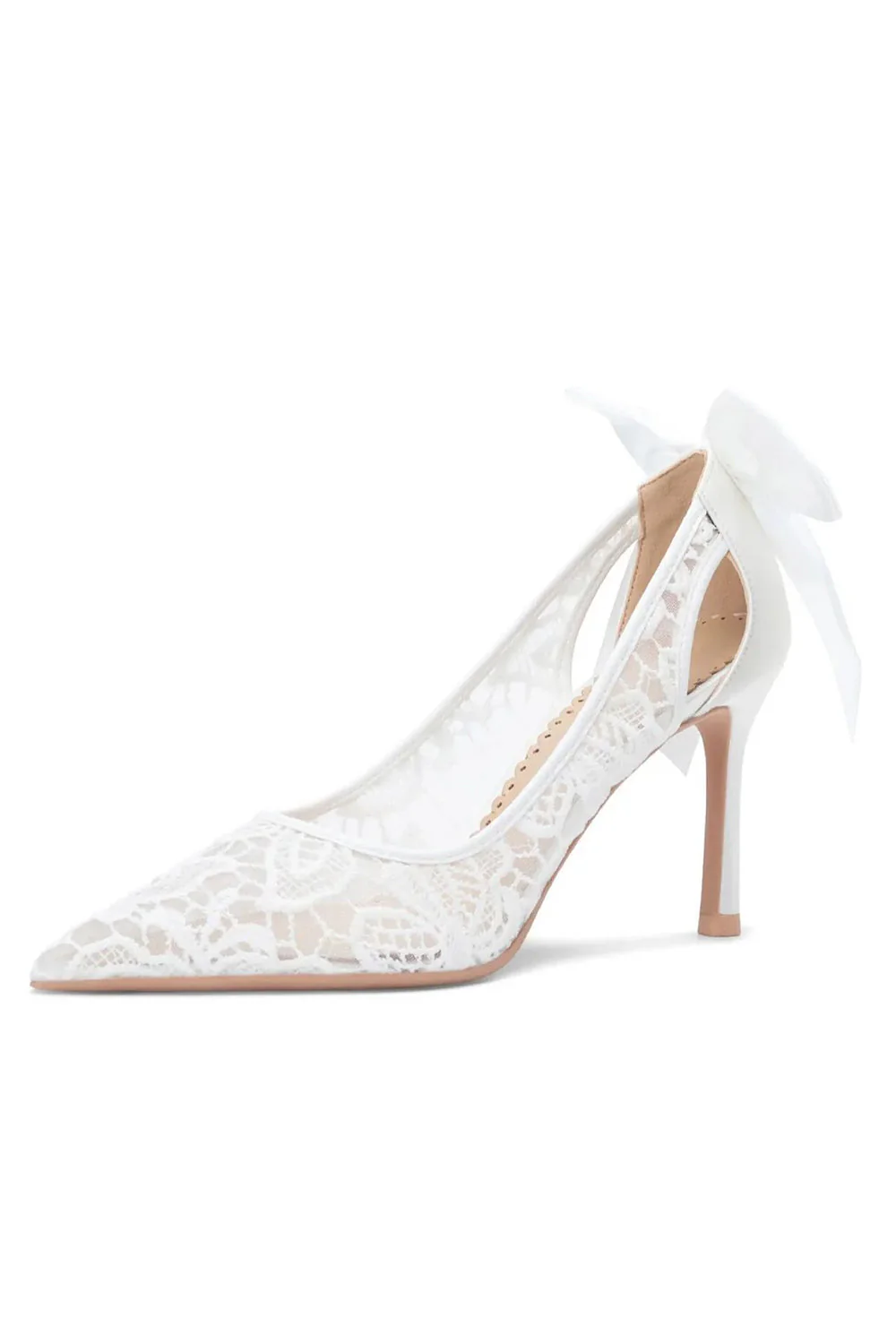 Chaussures élégantes en dentelle ivoire à talons aiguilles de mariage à bout pointu avec nœud - Image 3