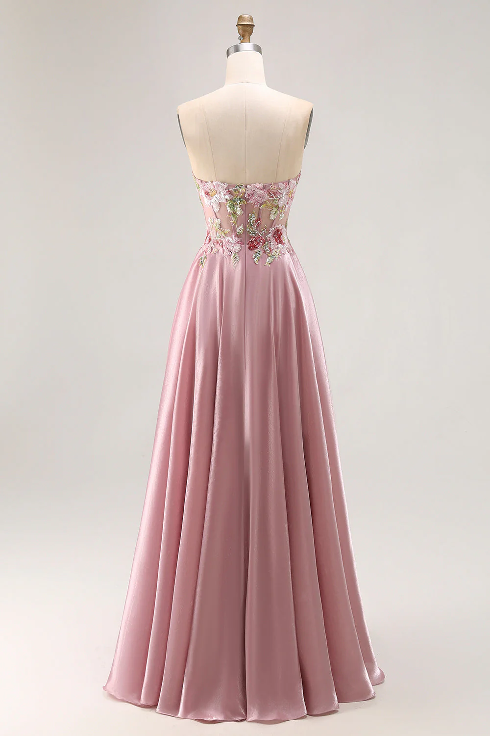 Robe de soirée longue gris rose à fente élégante et appliqués floraux - Image 2