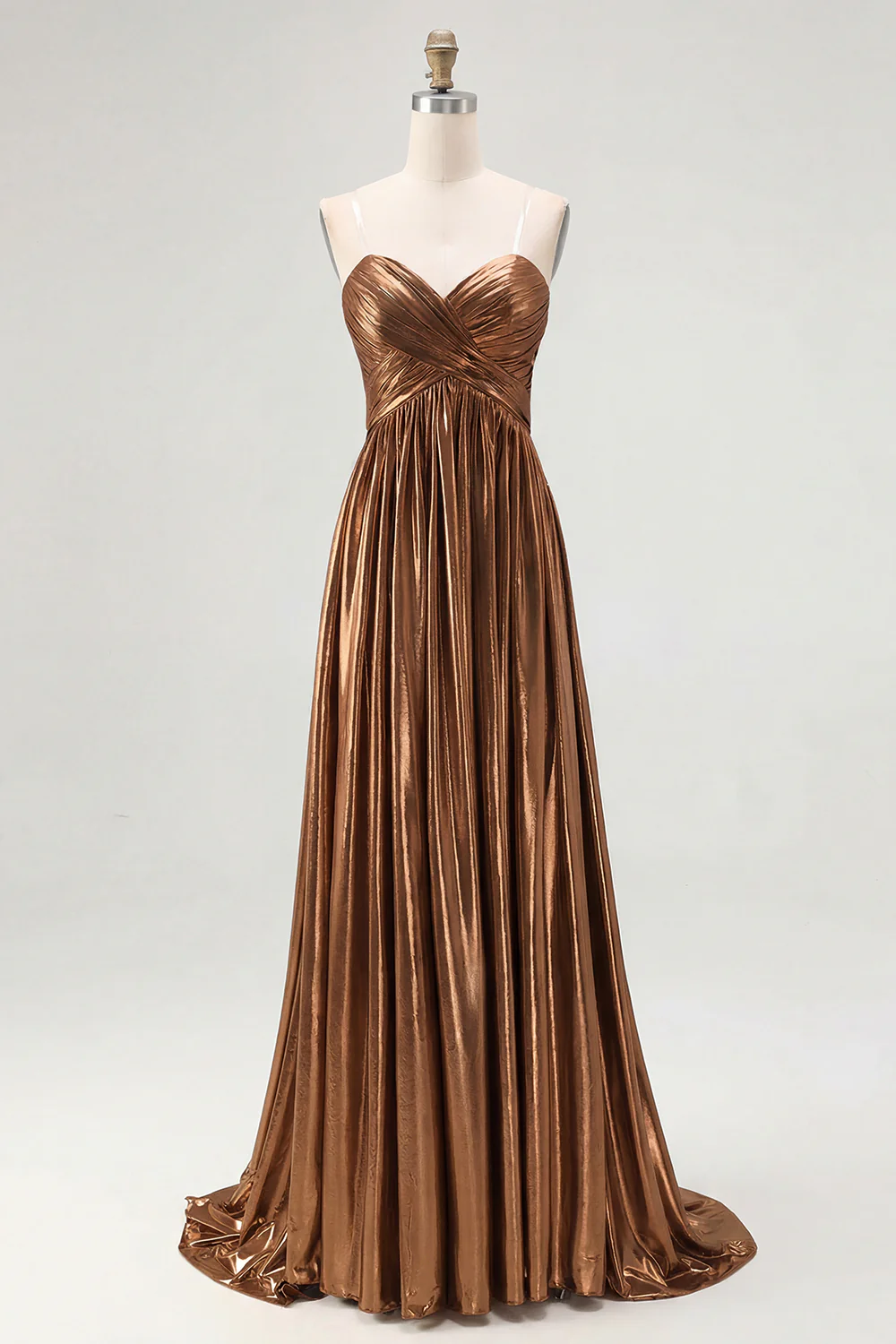 Robe de soirée longue plissée en satin doré chic avec décolleté en V profond et coupe trapèze - Image 10