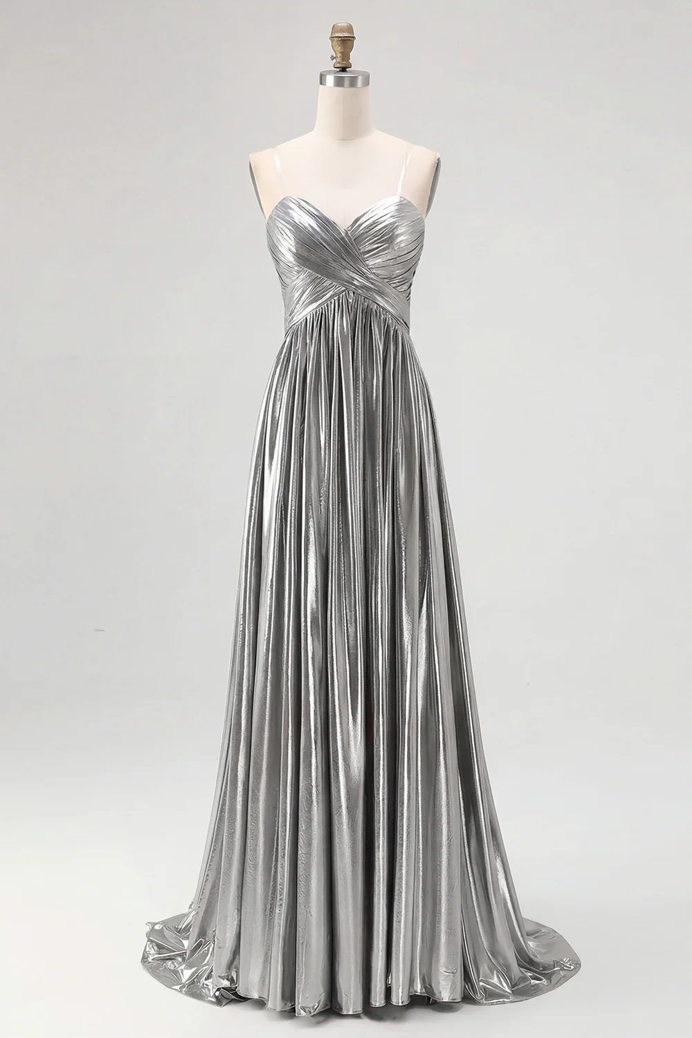 Robe de soirée longue plissée en satin doré chic avec décolleté en V profond et coupe trapèze - Image 15