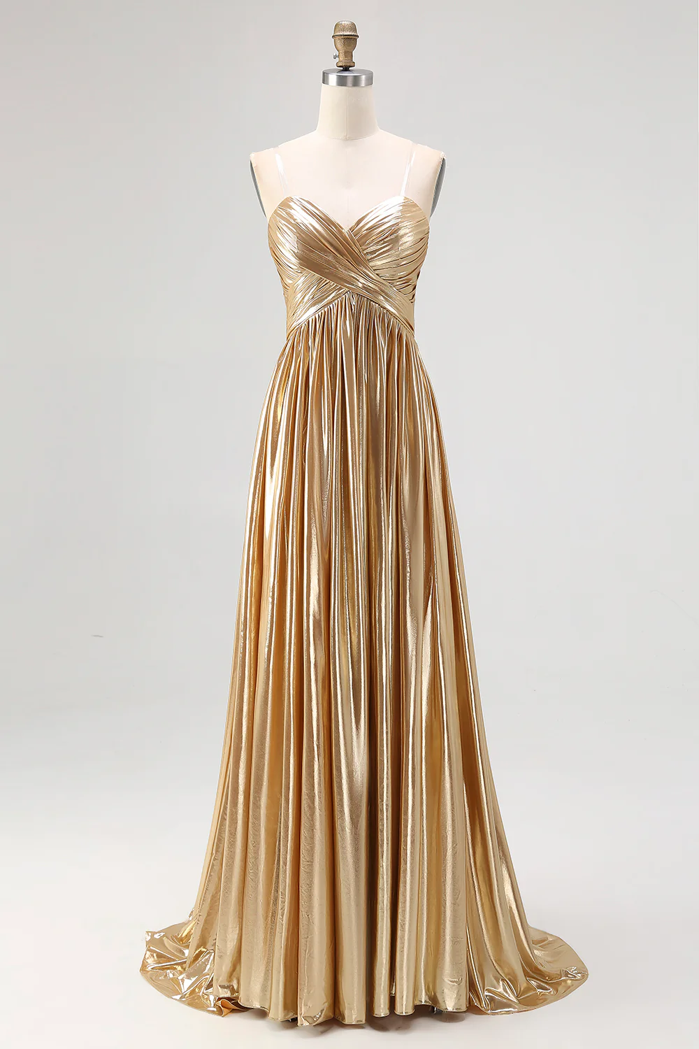 Robe de soirée longue plissée en satin doré chic avec décolleté en V profond et coupe trapèze - Image 3