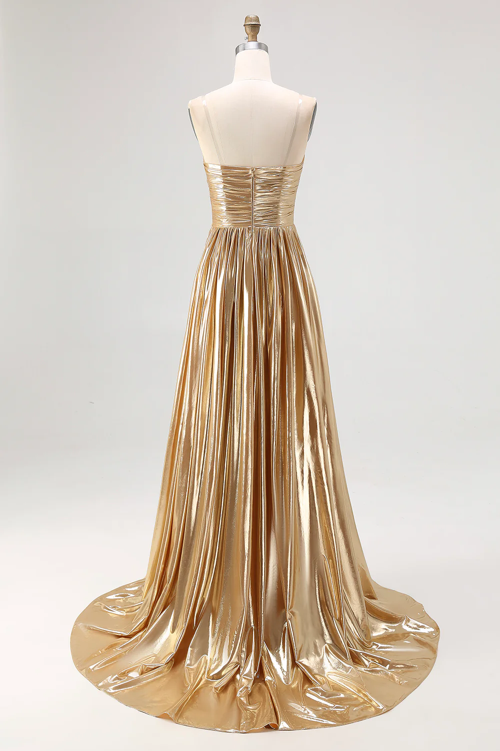 Robe de soirée longue plissée en satin doré chic avec décolleté en V profond et coupe trapèze - Image 4