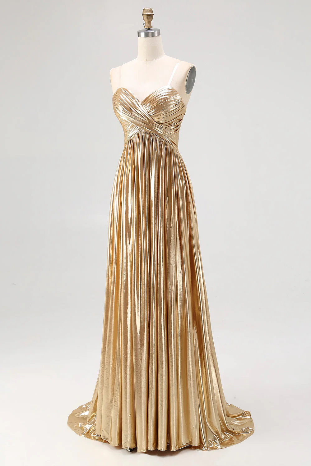 Robe de soirée longue plissée en satin doré chic avec décolleté en V profond et coupe trapèze - Image 5