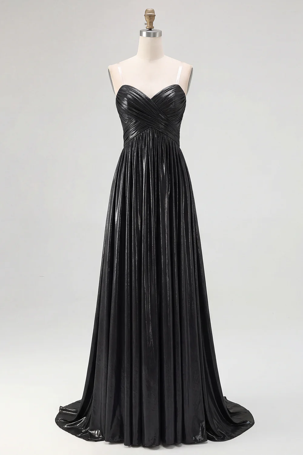 Robe de soirée longue plissée en satin doré chic avec décolleté en V profond et coupe trapèze - Image 9