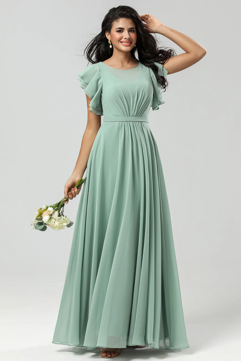 Chiffon A Line Robe de demoiselle d’honneur verte avec plissée