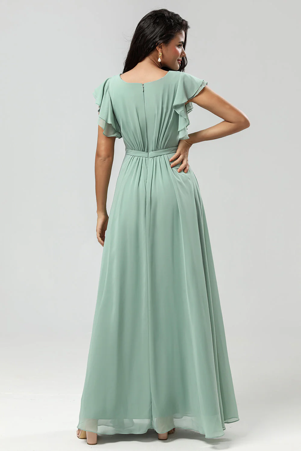 Chiffon A Line Robe de demoiselle d’honneur verte avec plissée - Image 2