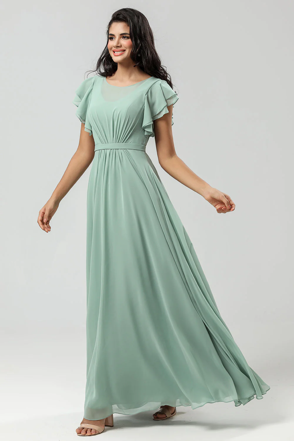 Chiffon A Line Robe de demoiselle d’honneur verte avec plissée - Image 5