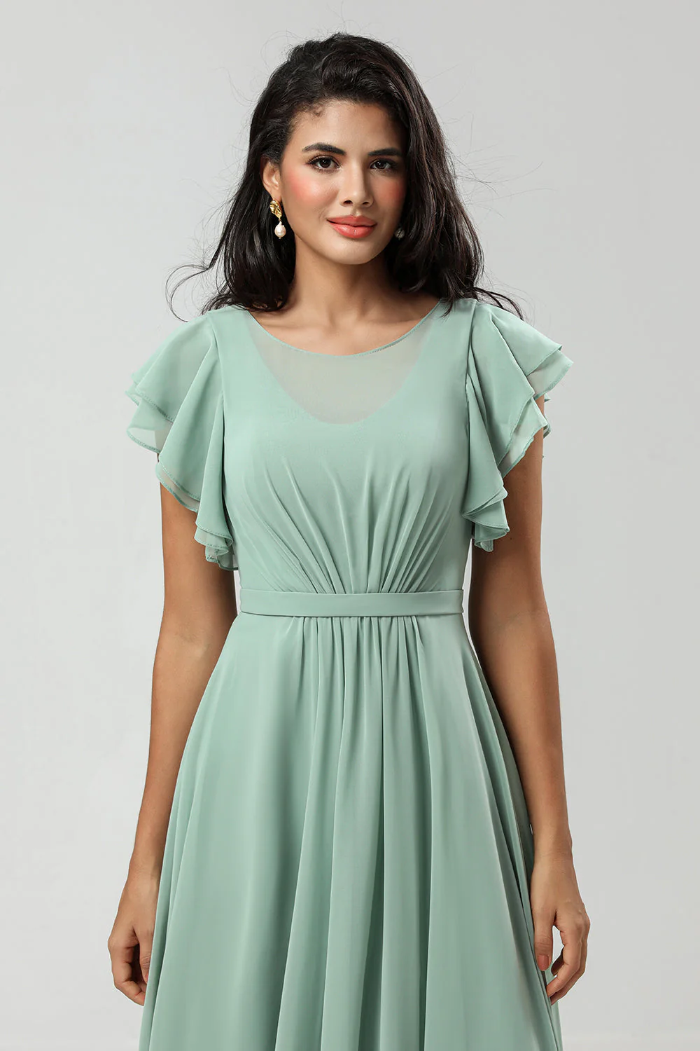 Chiffon A Line Robe de demoiselle d’honneur verte avec plissée - Image 6