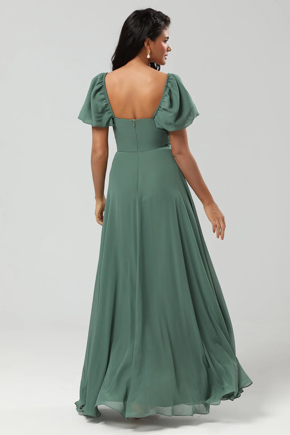Mousseline de soie Manches A Line Robe de demoiselle d’honneur verte - Image 2
