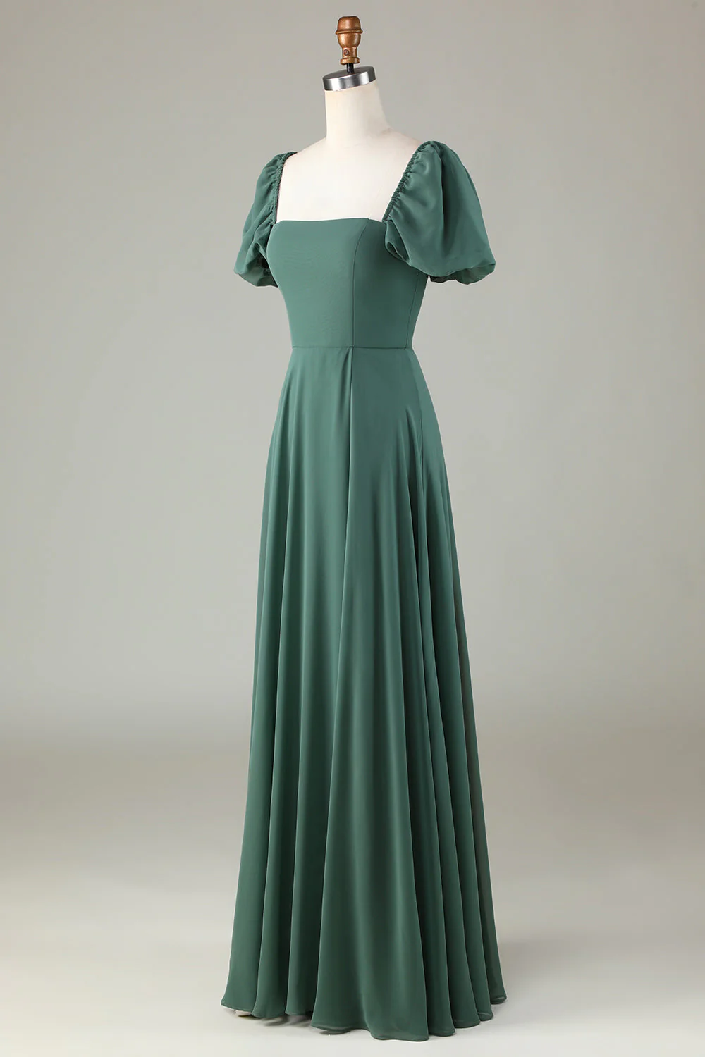 Robe de demoiselle d'honneur eucalyptus en mousseline à manches bouffantes - Image 3