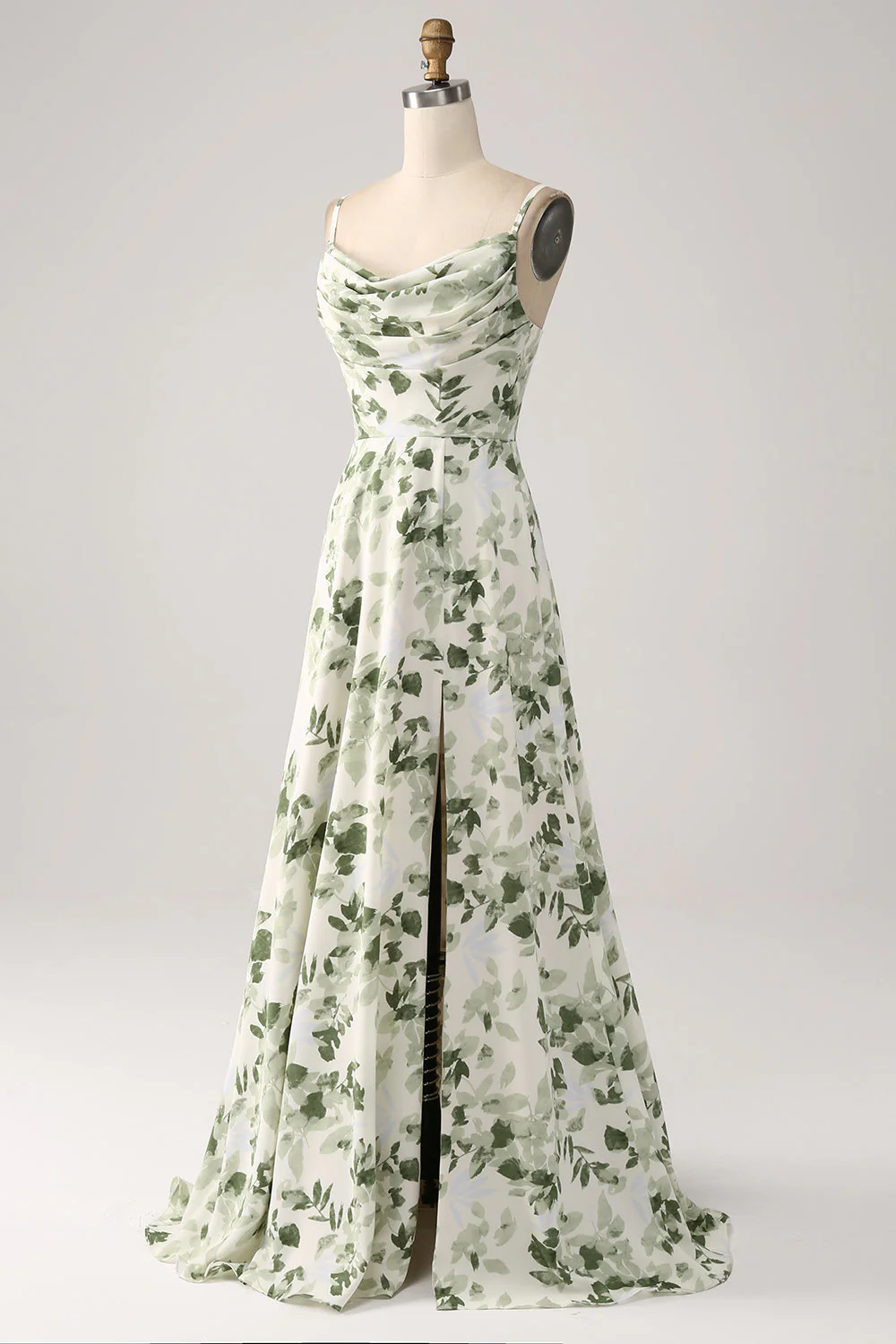 Robe de soirée verte ligne A col bénitier imprimé floral avec fente - Image 3