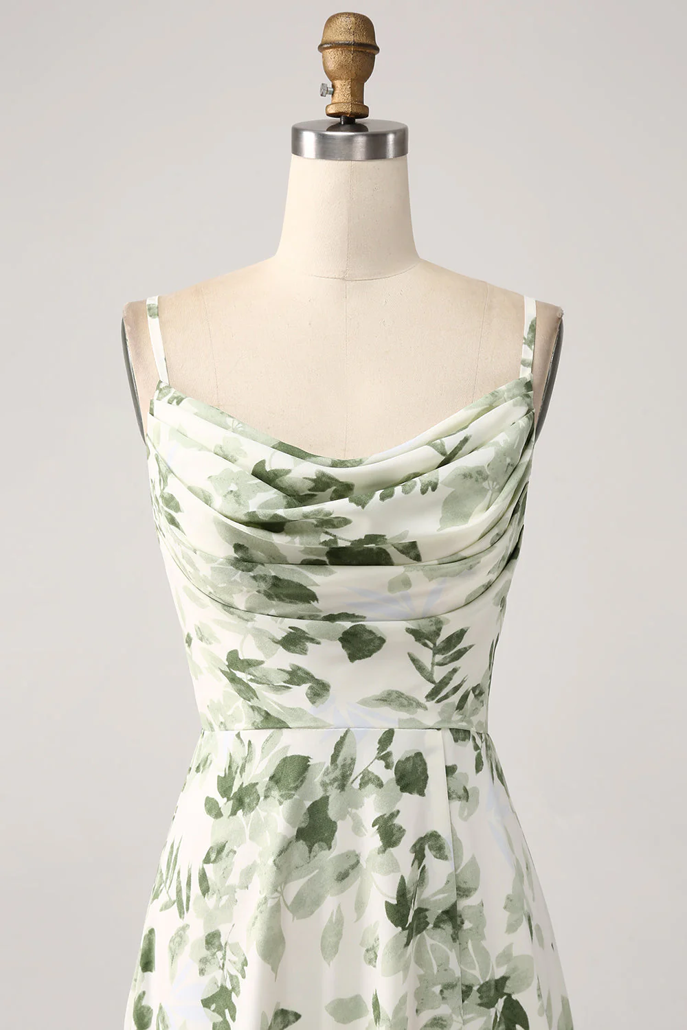 Robe de soirée verte ligne A col bénitier imprimé floral avec fente - Image 4