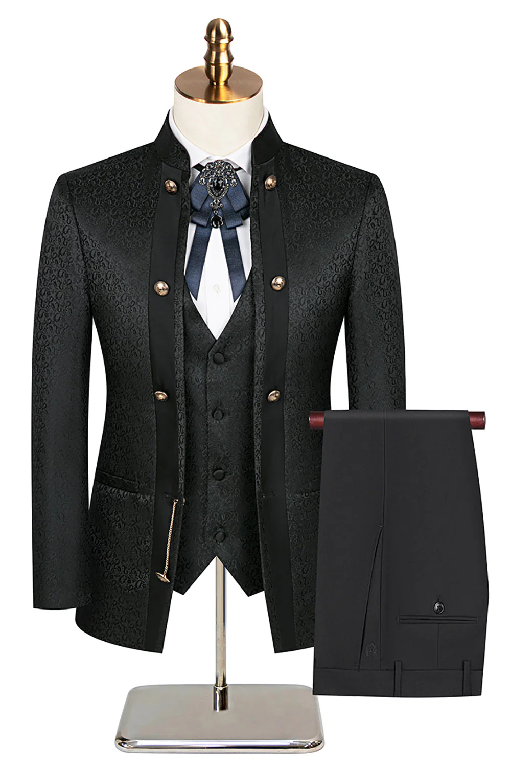 Costume homme 3 pièces noir à col montant en jacquard