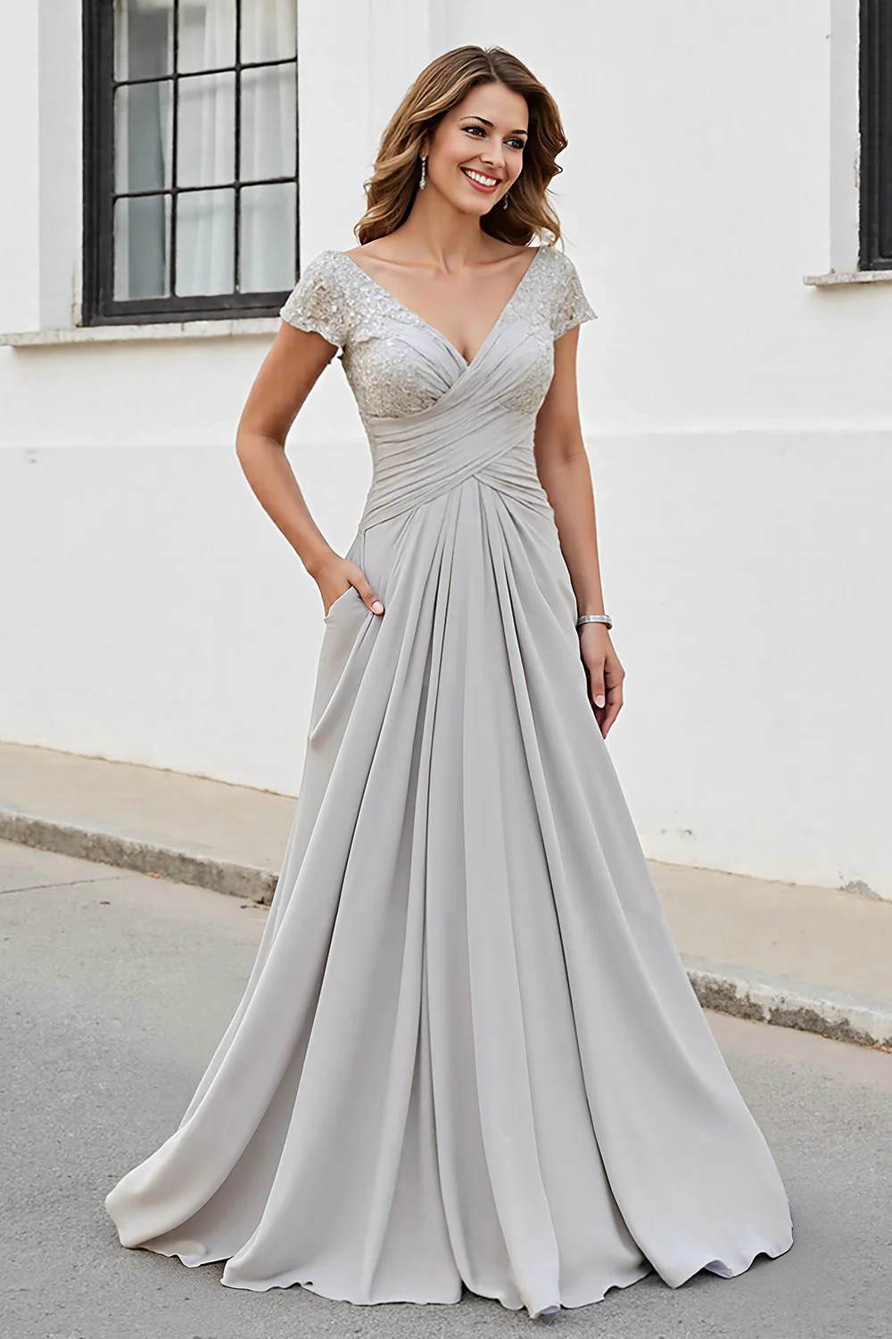 Col V Argenté Ruché Une Ligne Mère De La Robe De La Mariée - Image 3