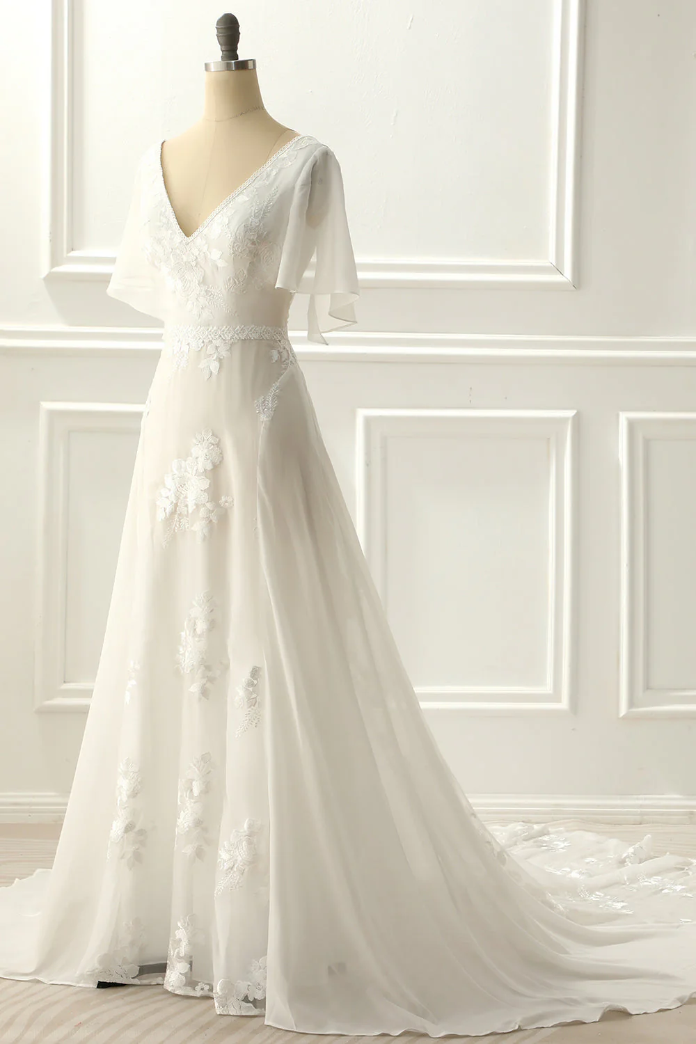 Col V ivoire Une ligne Robe de mariée longue avec appliques - Image 3