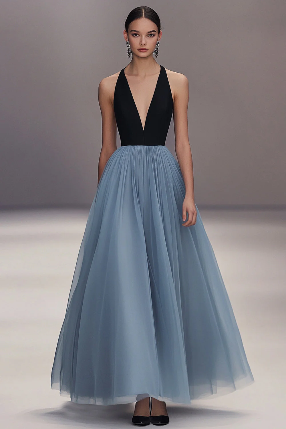 Col V Noir Bleu Plissé Tulle Robe Longue Formelle