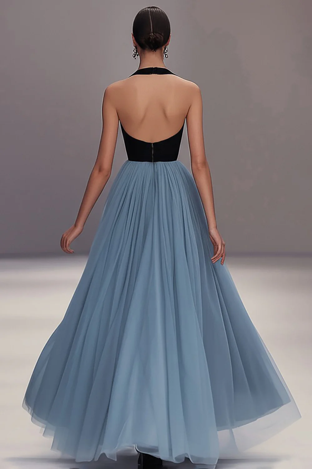 Col V Noir Bleu Plissé Tulle Robe Longue Formelle - Image 2