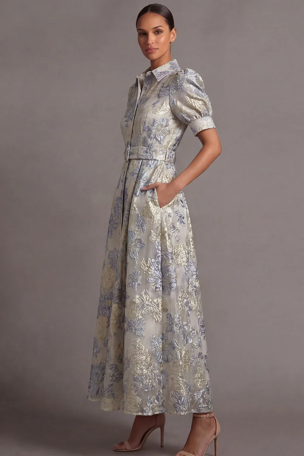 Collier fleuri, col Jacquard Ligne A Bleu poussiéreux longue robe invitée - Image 3