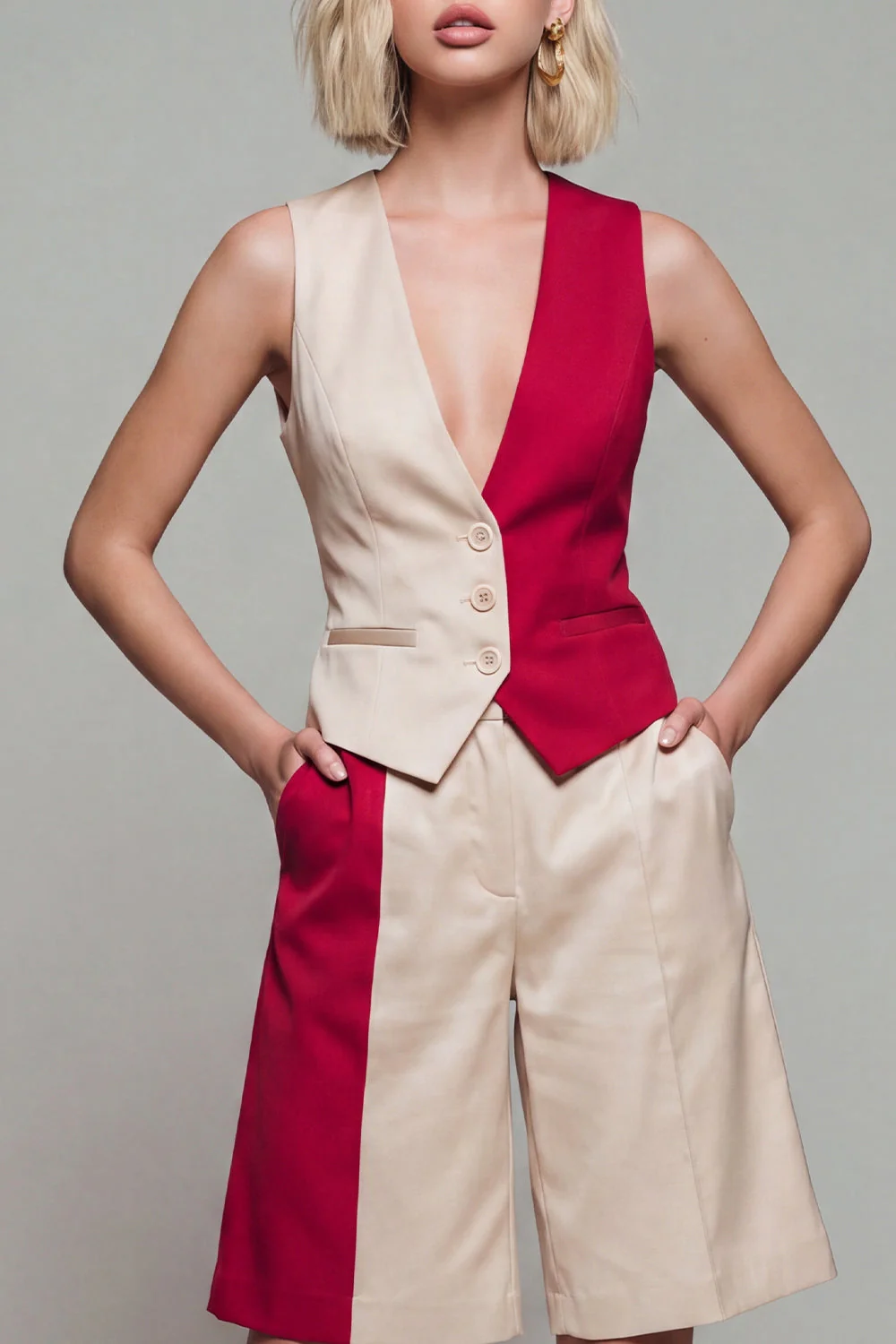 ColorBlock Combinaison femme à col V en 2 pièces claire kaki - Image 3