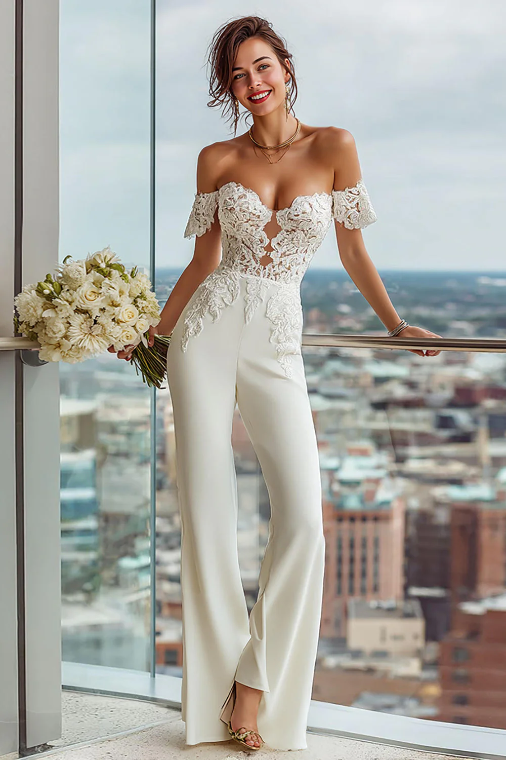 Combinaisons de mariée blanches à épaules dénudées avec dentelle appliquée