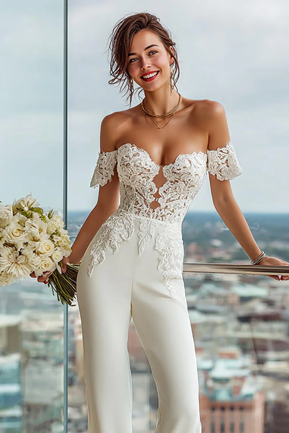 Combinaisons de mariée blanches à épaules dénudées avec dentelle appliquée - Image 3