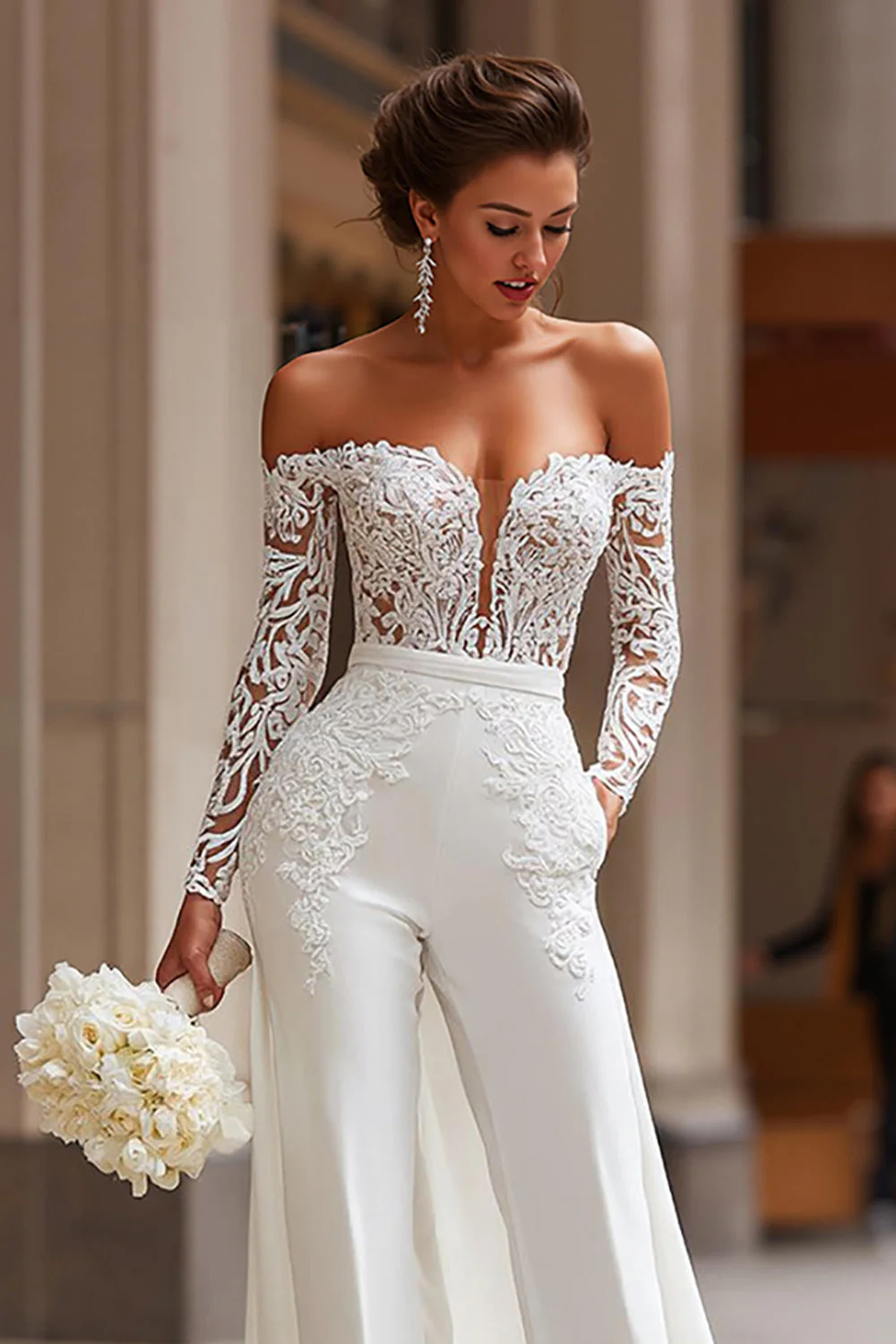 Combinaisons de mariée blanches à épaules dénudées avec poches - Image 3