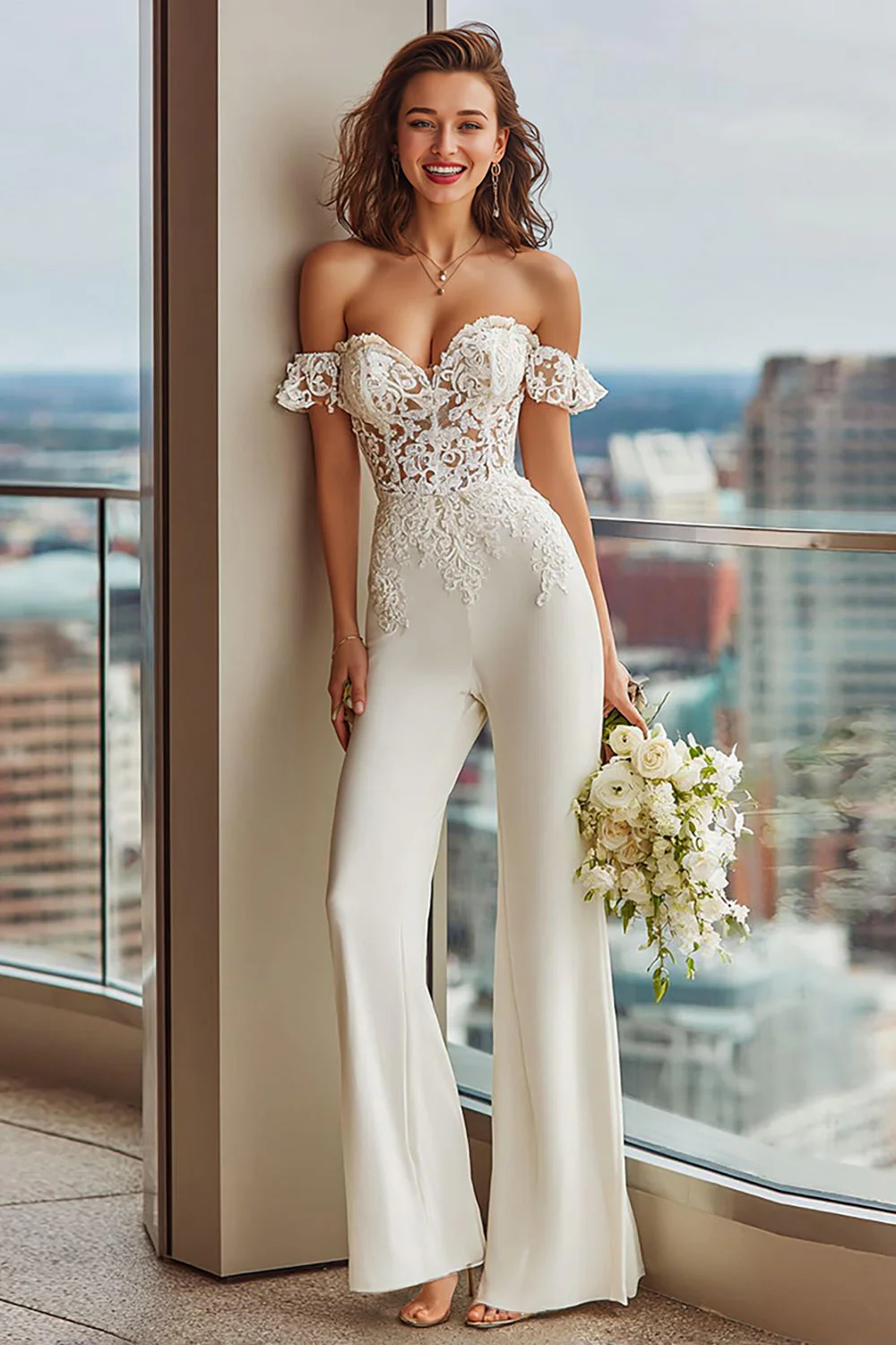 Combinaisons de mariée en dentelle blanche à épaules dénudées