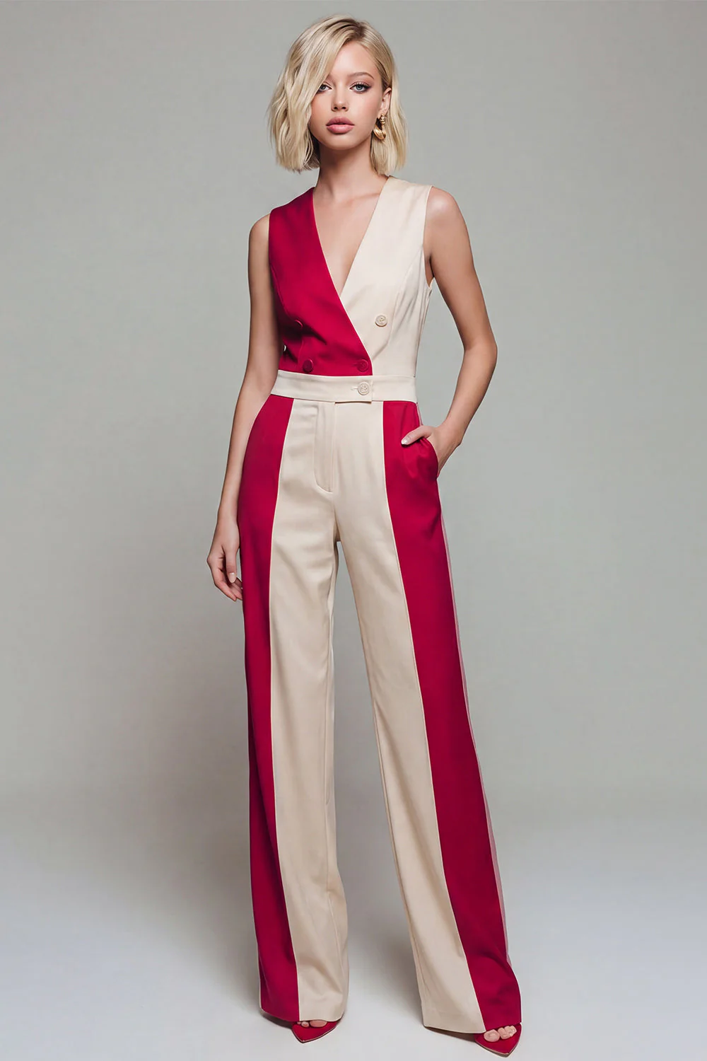 Combinaisons Khaki claires à col V ColorBlock pour femmes