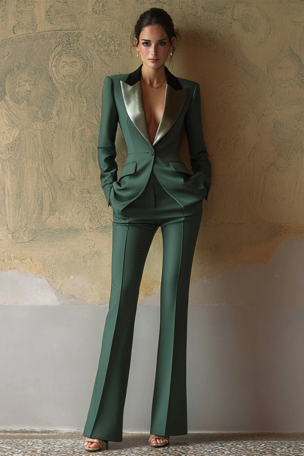 Complets de bal de bal vert foncé slim cut en deux pièces à revers point, simple boutonnage - Image 3