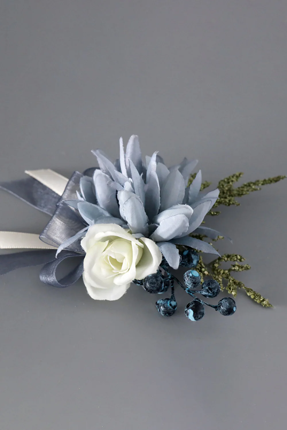 Corsage de poignet bleu gris et hommes boutonnière ensemble pour la fête de mariage de bal - Image 2