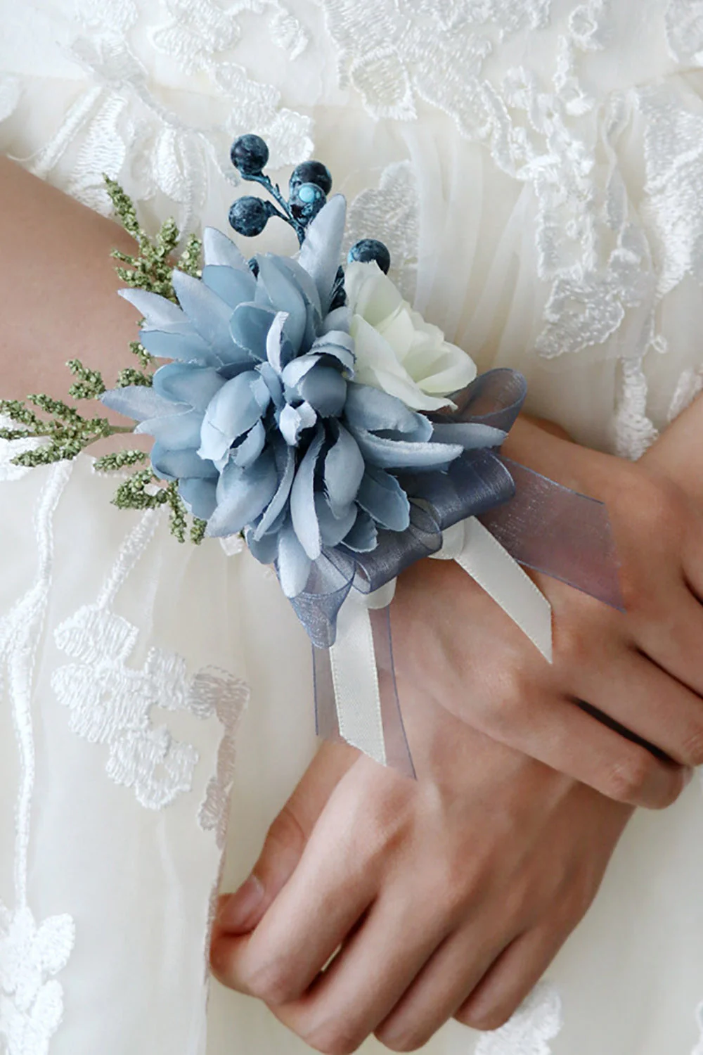 Corsage de poignet bleu gris et hommes boutonnière ensemble pour la fête de mariage de bal - Image 4