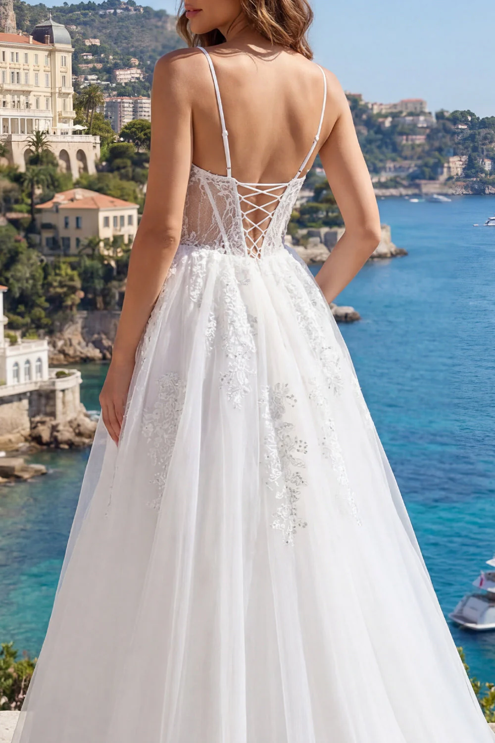 Corset à bretelles fines blanches Une robe de mariée en tulle appliqué de la ligne - Image 4