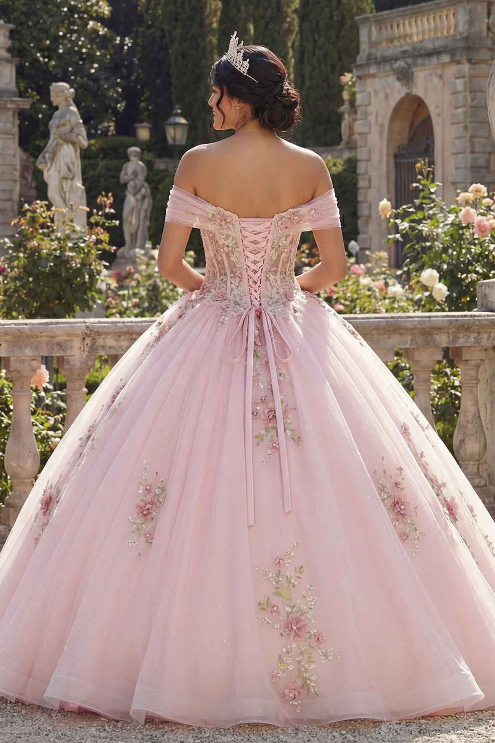 Corset à épaules dénudées, robe de bal rose, robe de quinceañera à fleurs - Image 2