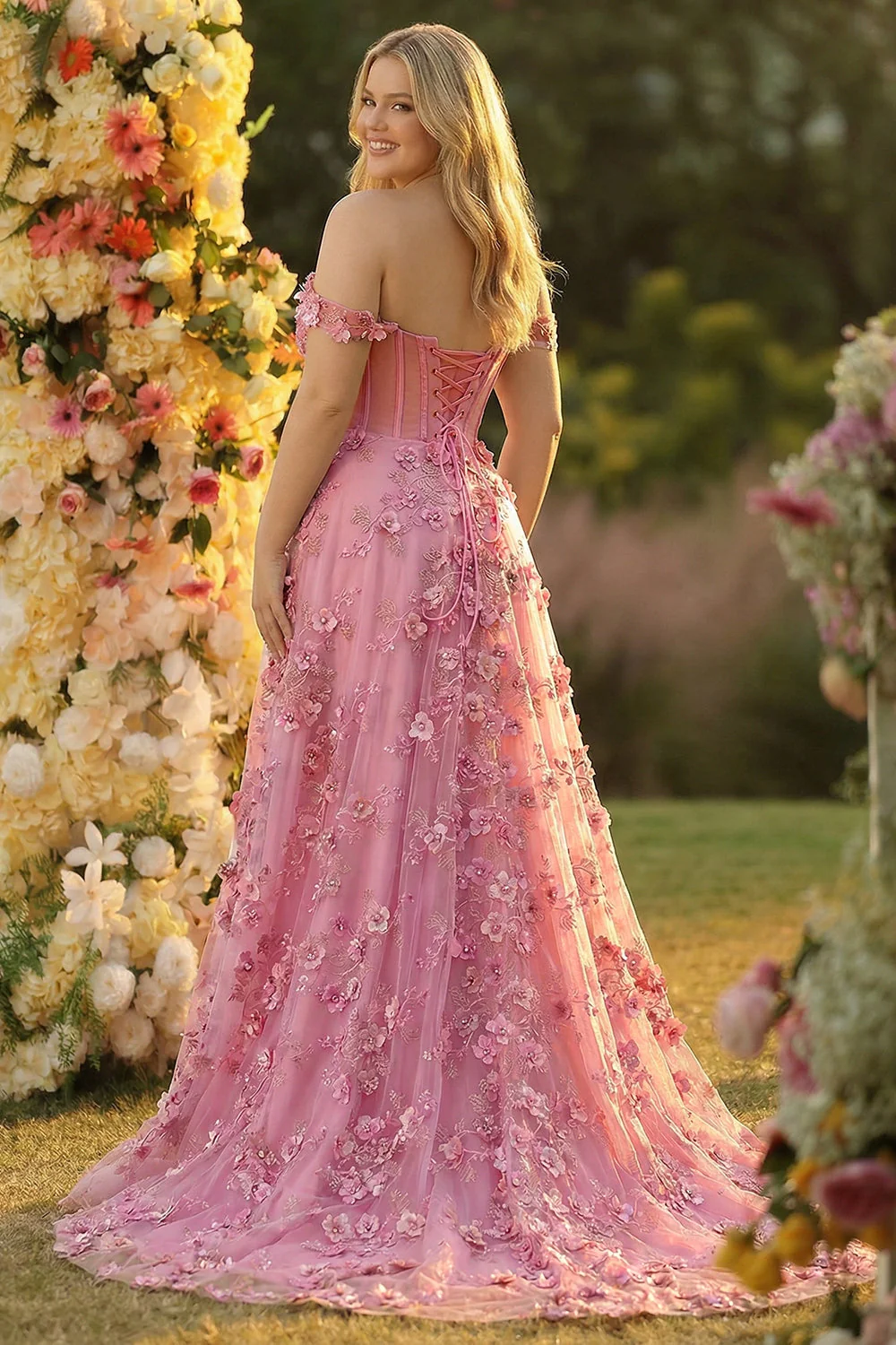 Robe de soirée longue taro bustier bretelles tombantes fleurs 3D ligne A avec fente - Image 4