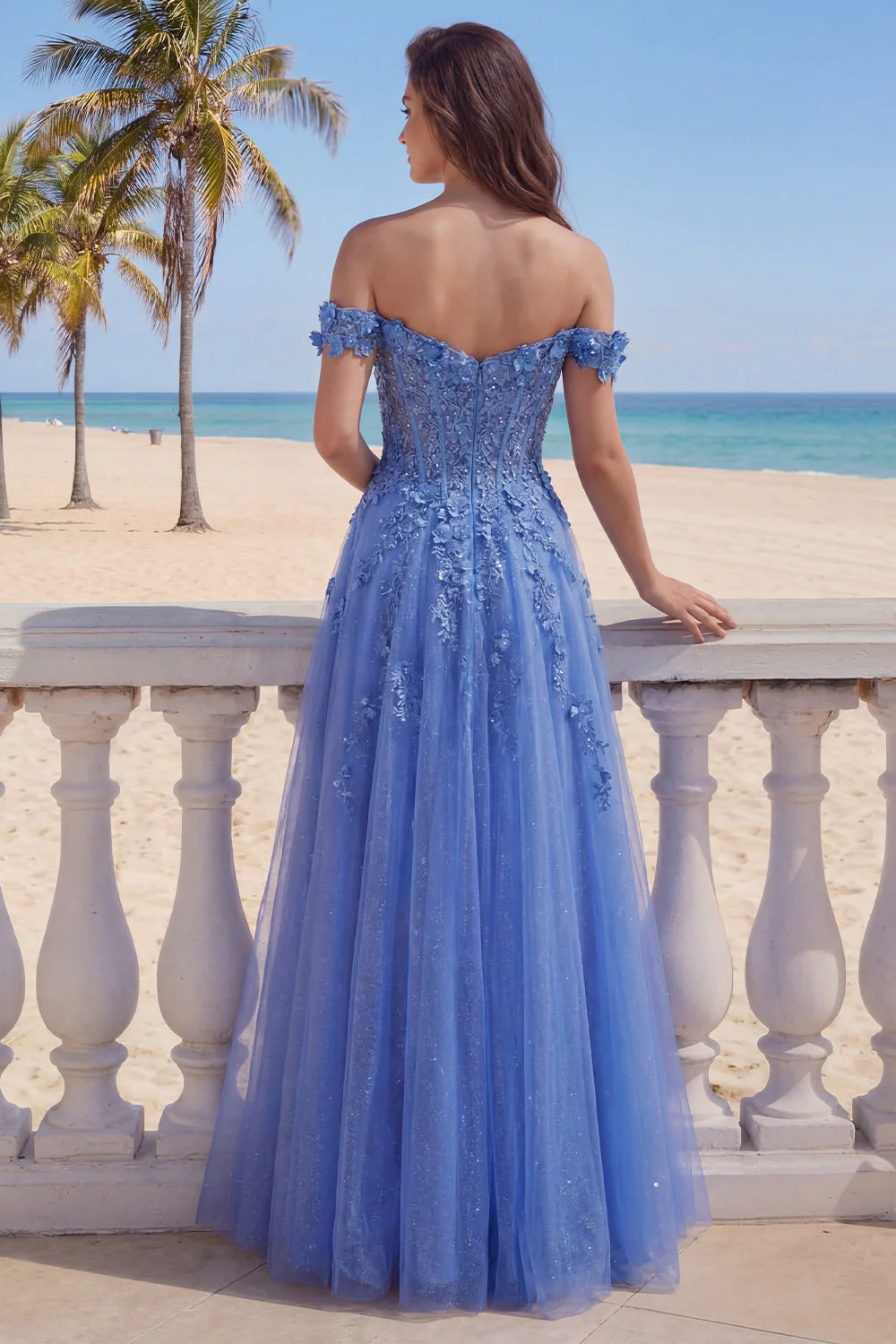 Corset A-ligne dénudé bleu foncé robe de bal longue avec des appliqués - Image 2