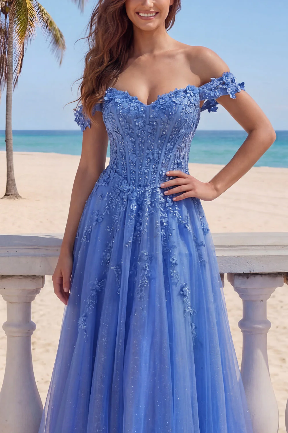 Corset A-ligne dénudé bleu foncé robe de bal longue avec des appliqués - Image 3